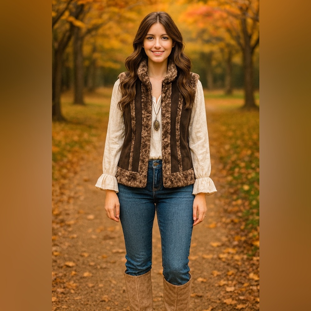 Boho Live a Little Brown and Black Vest. 100%Leather with faux fur trim